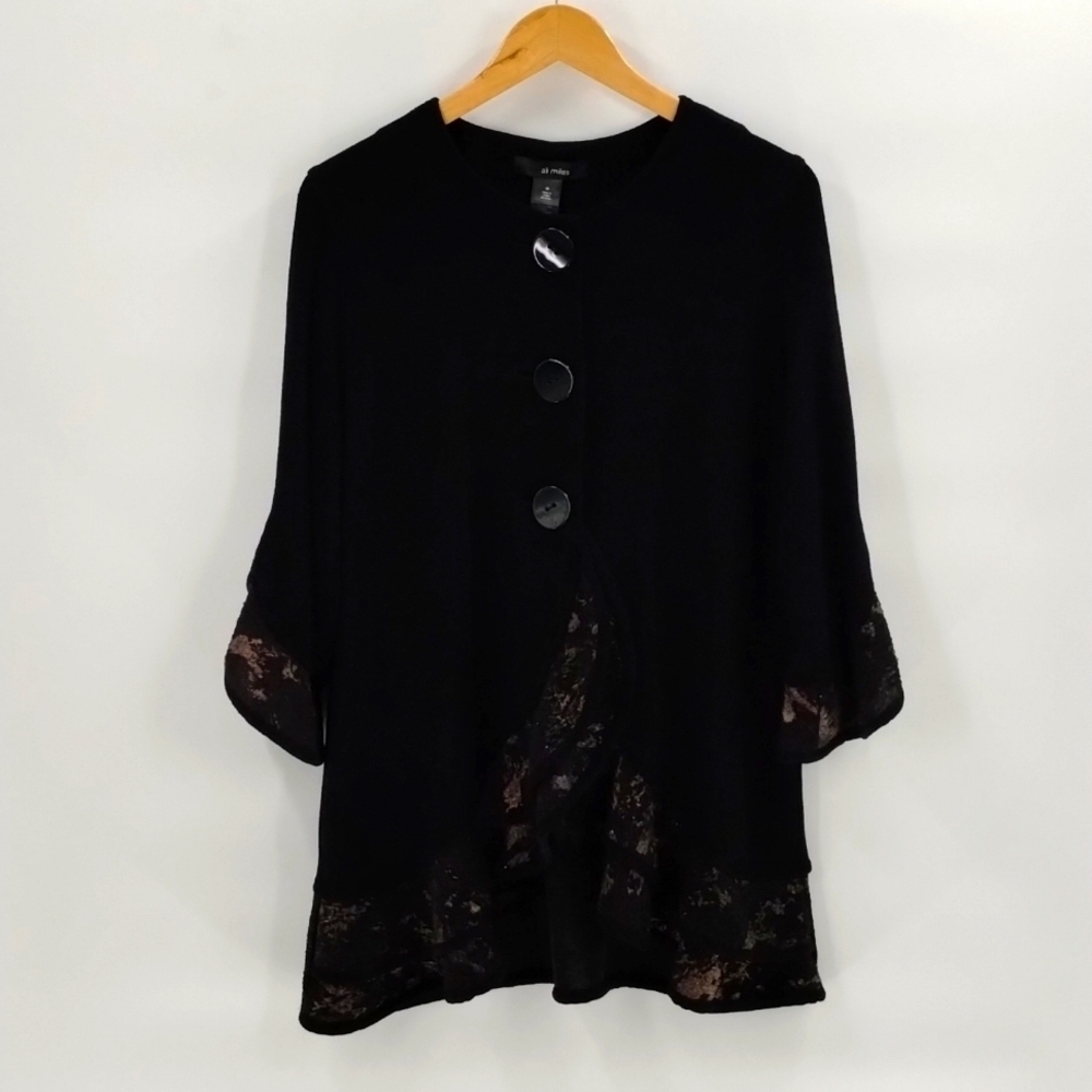 Ali Miles Women's Button Up Blouse Medium Black Texture Metallic Trim